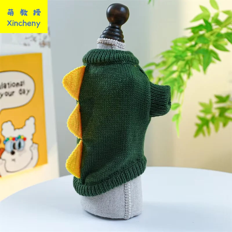 Halloween Dog Dinosaur Sweater Dark Green Warm Knitted Cosplay Cute Soft Stretchy Cat Yorkie Kitten Pet Clothes Hot New