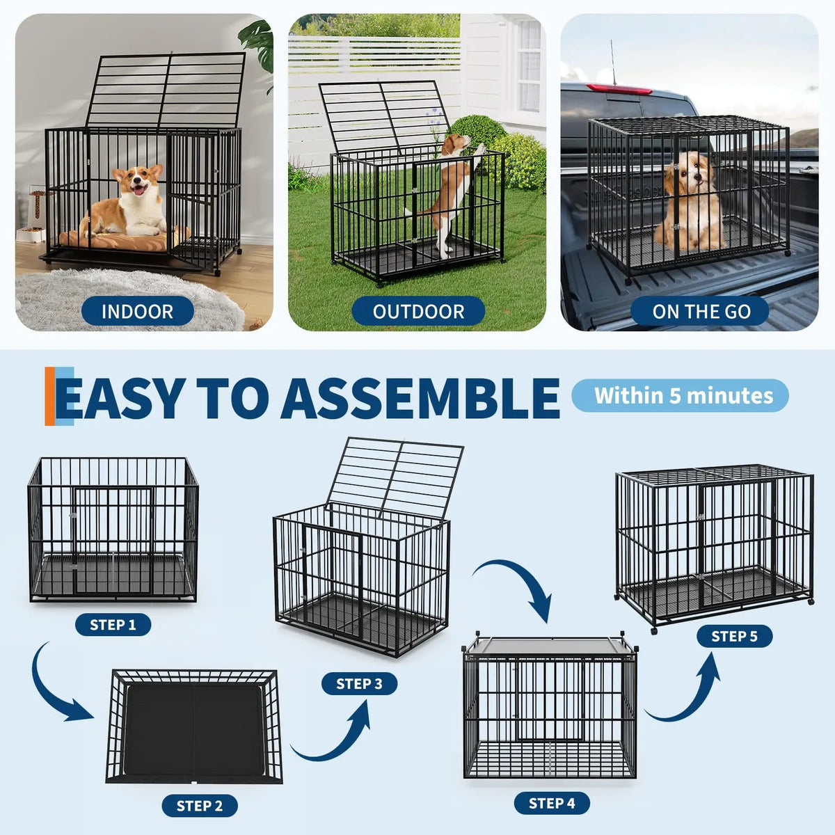36 Inch Heavy Duty Stainless Steel Dog Crate Escape Proof Stackable Indoor Kennel with Double Locking Doors Removable Tray Openable Top and Lockable Wheels for Small Dogs