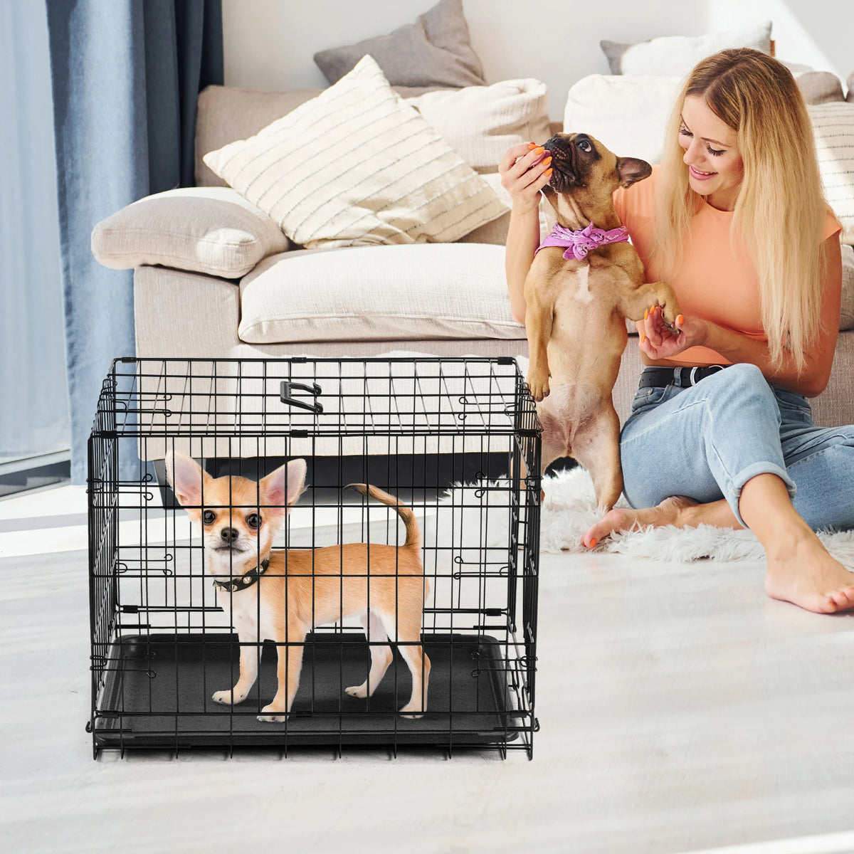 JHK Single Door 30 Inch Folding Metal Wire Dog Cage with Plastic Leak-Proof Pan Tray Extra Large Pet Kennel for Indoor Outdoor