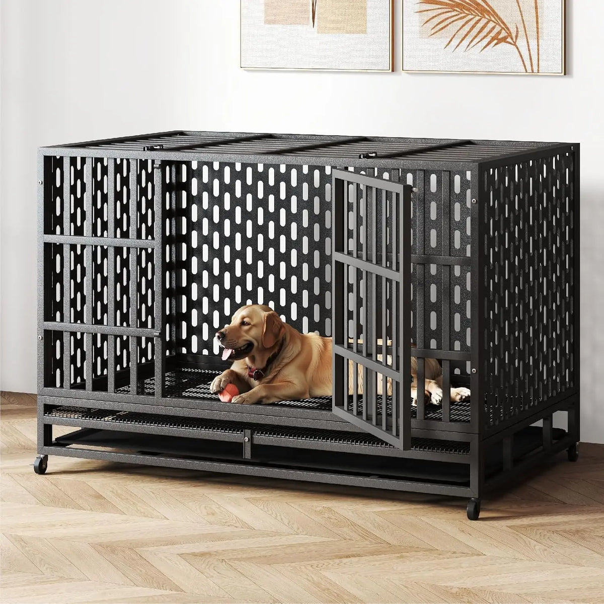 48 Inch Heavy Duty Steel Indestructible Dog Crate,Indoor Double Door Escape Proof Kennel For High Anxiety Large Dogs, Custom