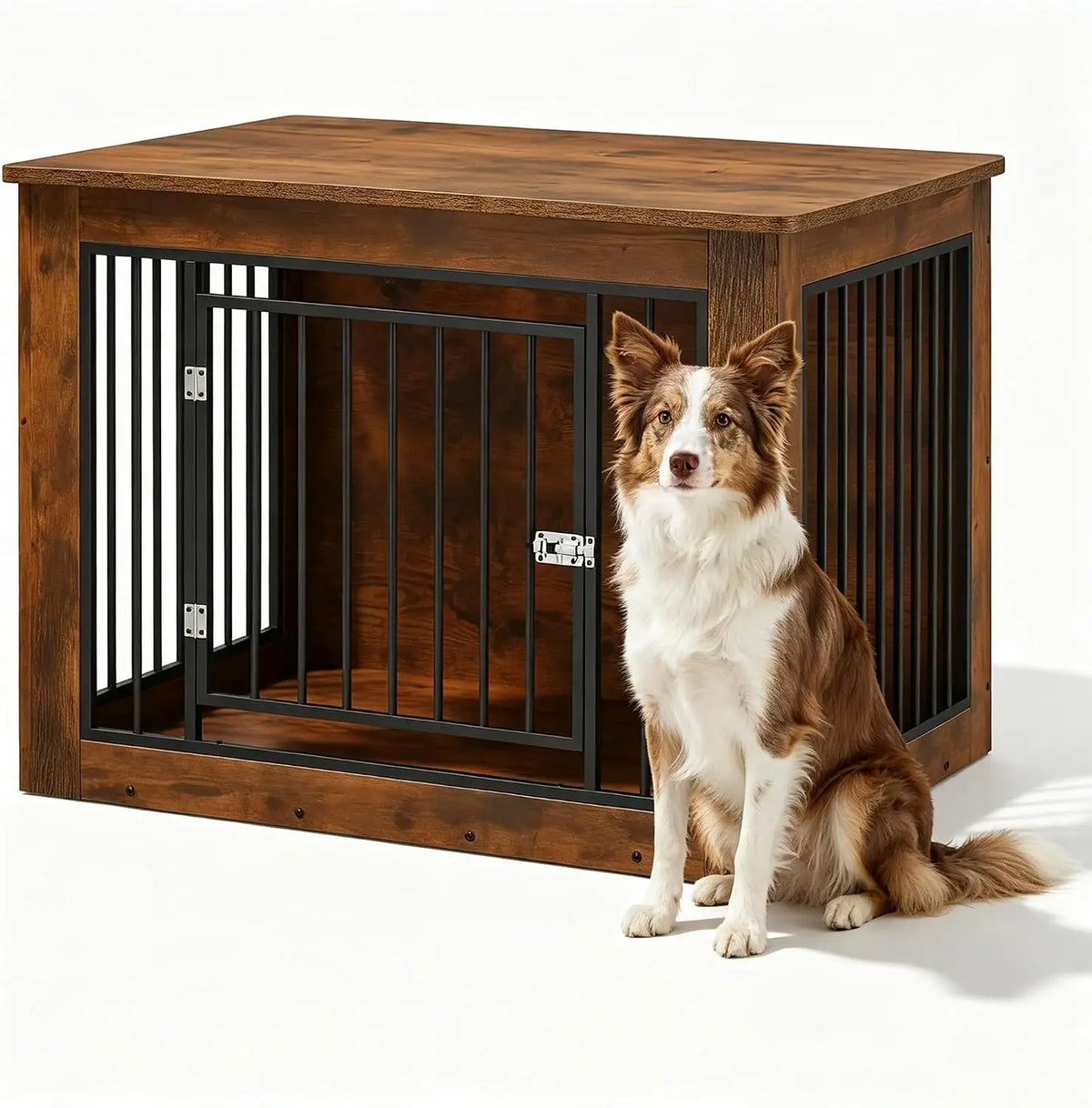 Furniture Style Dog Crate End Table Wooden Kennel For Dogs Brown 38.2 X 24 X 26.8 Inch Chew Resistant Build 2 Doors With Safety Latch Adjustable Legs Good Ventilation Fits Medium Dogs 51 To 75 Lbs