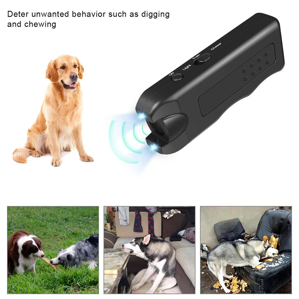 Ultrasonic Anti Barking Device Handheld Automatic Bark Stopper with LED Light Repeller Trainer Battery Powered for All Size Dogs