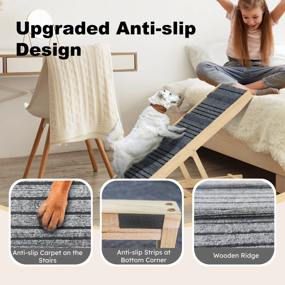 EVOKEDEN Adjustable Wooden Pet Ramp With Non Slip Surface