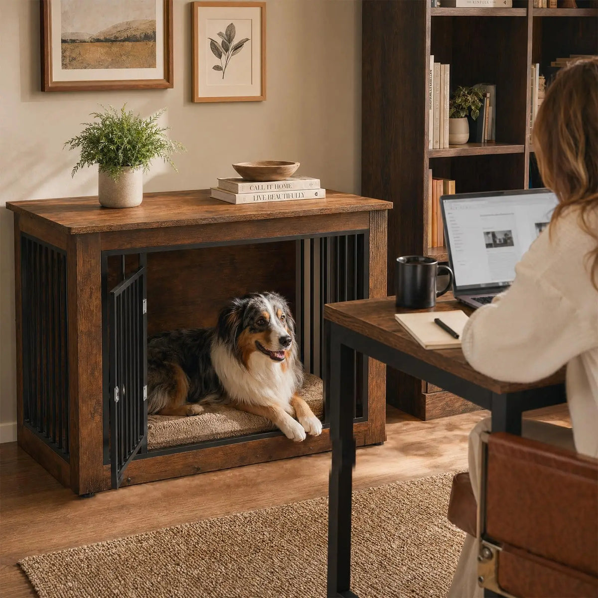 Furniture Style Dog Crate End Table Wooden Kennel For Dogs Brown 38.2 X 24 X 26.8 Inch Chew Resistant Build 2 Doors With Safety Latch Adjustable Legs Good Ventilation Fits Medium Dogs 51 To 75 Lbs