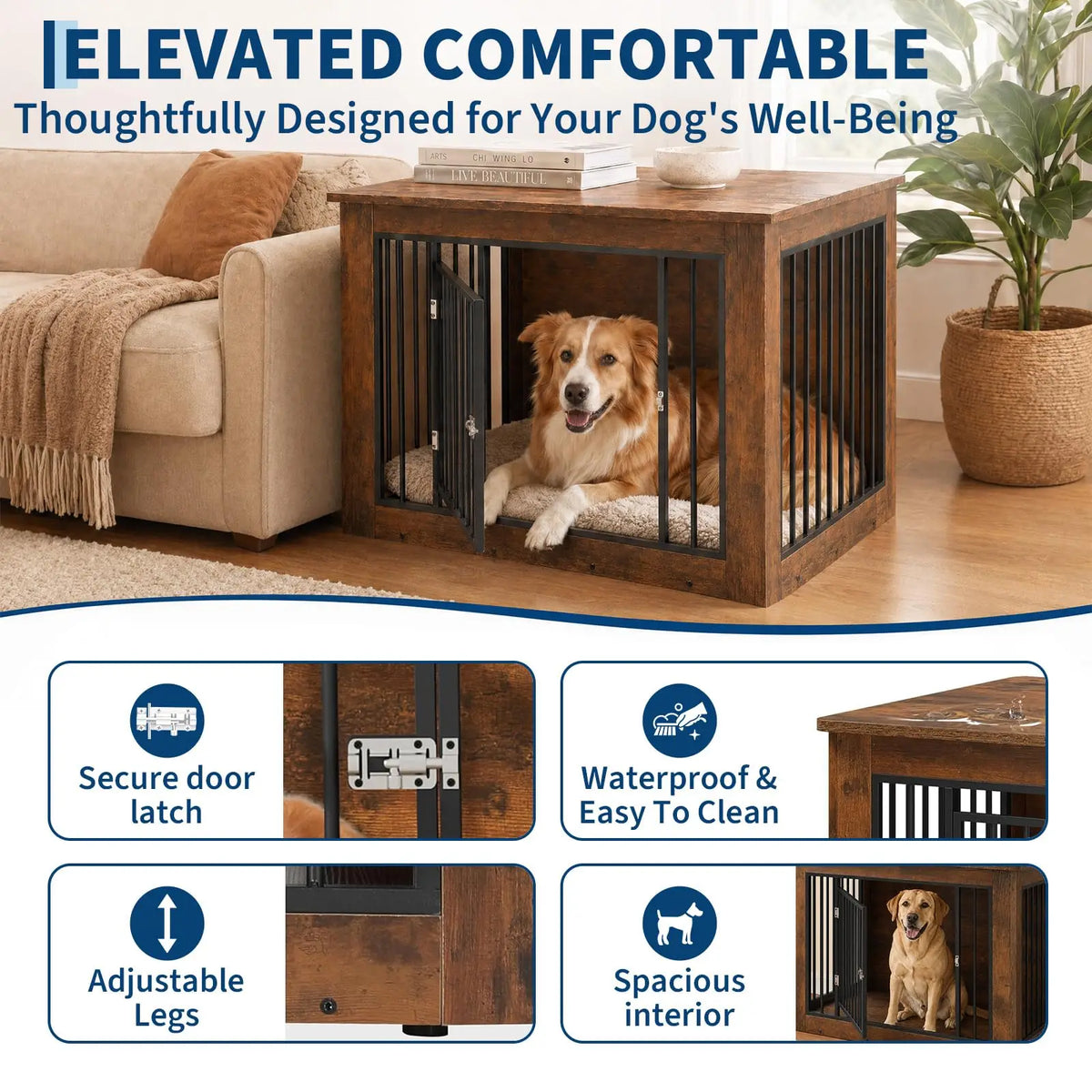 Furniture Style Dog Crate End Table Wooden Kennel For Dogs Brown 38.2 X 24 X 26.8 Inch Chew Resistant Build 2 Doors With Safety Latch Adjustable Legs Good Ventilation Fits Medium Dogs 51 To 75 Lbs