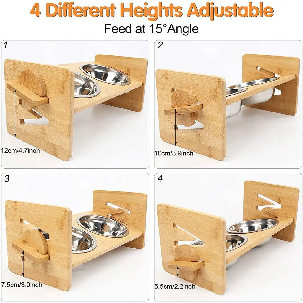 Elevated Dog Bowls with Stand Raised Dog Bowls 4 Heights Adjustable Dog Bowls Bamboo Dog Feeding Station 2 Stainless Steel Bowls