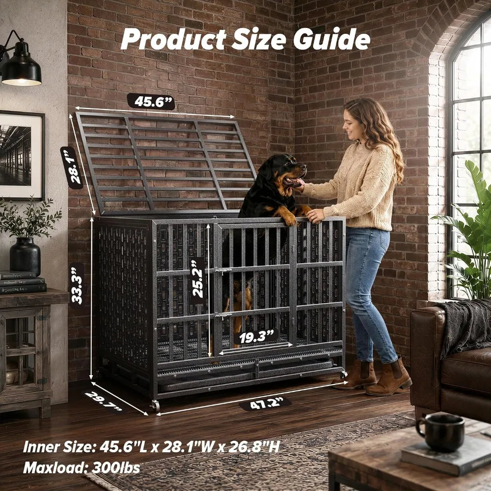 48 Inch Heavy Duty Steel Indestructible Dog Crate,Indoor Double Door Escape Proof Kennel For High Anxiety Large Dogs, Custom