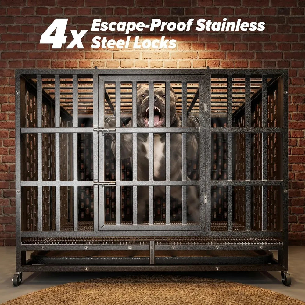 48 Inch Heavy Duty Steel Indestructible Dog Crate,Indoor Double Door Escape Proof Kennel For High Anxiety Large Dogs, Custom