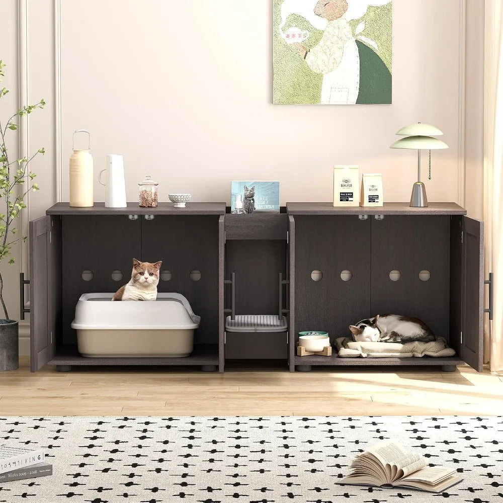 Garvee Hidden Litter Box Enclosure Furniture for 2 Cats Wooden Enclosed Storage Organizer Cat Litter Box Furniture Hidden Washroom Cat House Cat
