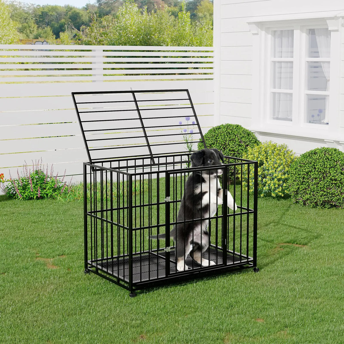 36 Inch Heavy Duty Stainless Steel Dog Crate Escape Proof Stackable Indoor Kennel with Double Locking Doors Removable Tray Openable Top and Lockable Wheels for Small Dogs
