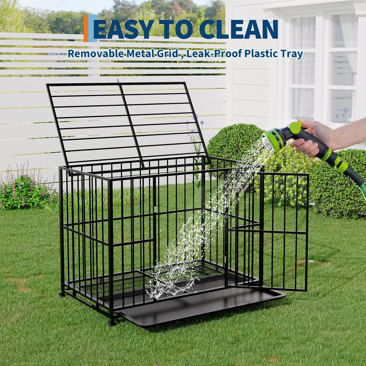 36 Inch Heavy Duty Stainless Steel Dog Crate Escape Proof Stackable Indoor Kennel with Double Locking Doors Removable Tray Openable Top and Lockable Wheels for Small Dogs
