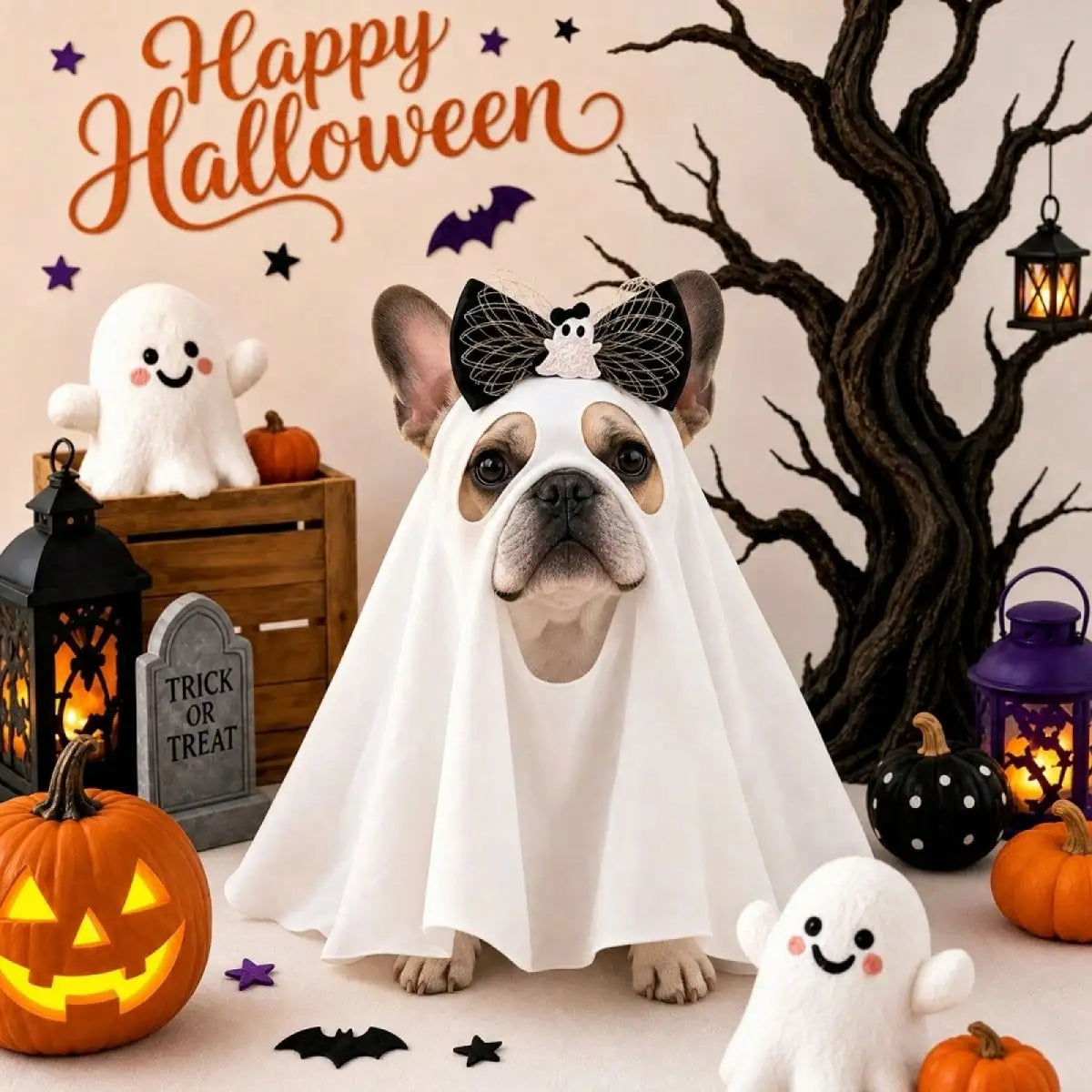 Funny Halloween Ghost Costume With Bow For Dogs And Cats