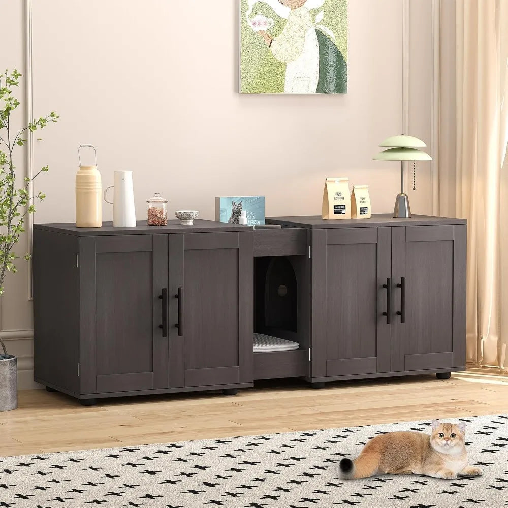 Garvee Hidden Litter Box Enclosure Furniture for 2 Cats Wooden Enclosed Storage Organizer Cat Litter Box Furniture Hidden Washroom Cat House Cat