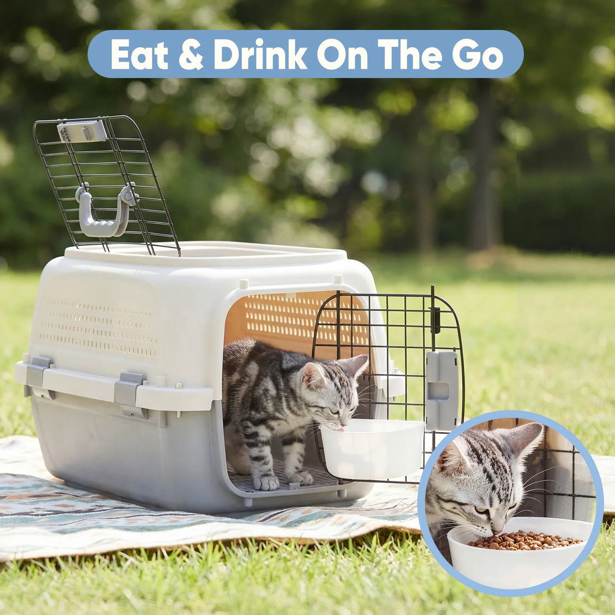 JHK 23Inch Pet Carrier for Small Dogs Cats Front Top Load Wire Door Food Bowl Travel Crate with Enhanced Security Latchesfor