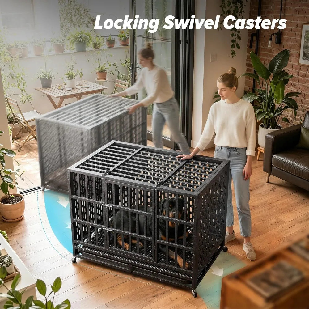 48 Inch Heavy Duty Steel Indestructible Dog Crate,Indoor Double Door Escape Proof Kennel For High Anxiety Large Dogs, Custom