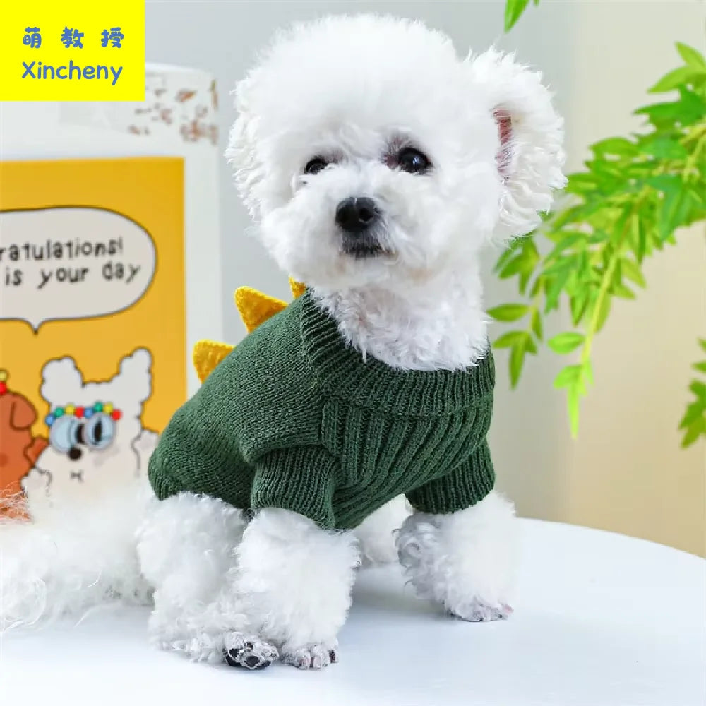 Halloween Dog Dinosaur Sweater Dark Green Warm Knitted Cosplay Cute Soft Stretchy Cat Yorkie Kitten Pet Clothes Hot New