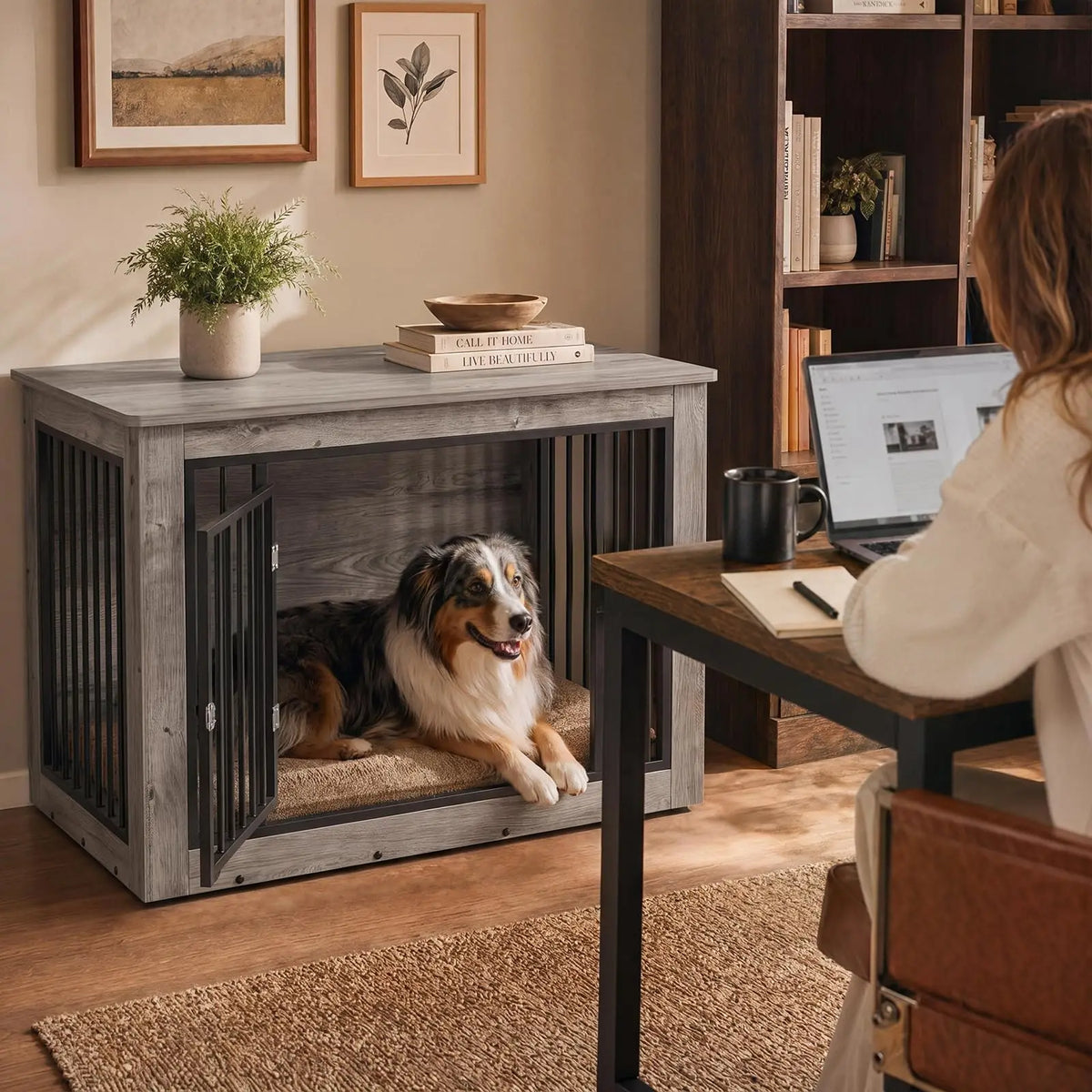 Furniture Style Dog Crate End Table Wooden Kennel For Dogs Brown 38.2 X 24 X 26.8 Inch Chew Resistant Build 2 Doors With Safety Latch Adjustable Legs Good Ventilation Fits Medium Dogs 51 To 75 Lbs