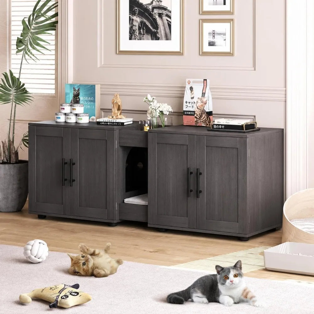 Garvee Hidden Litter Box Enclosure Furniture for 2 Cats Wooden Enclosed Storage Organizer Cat Litter Box Furniture Hidden Washroom Cat House Cat