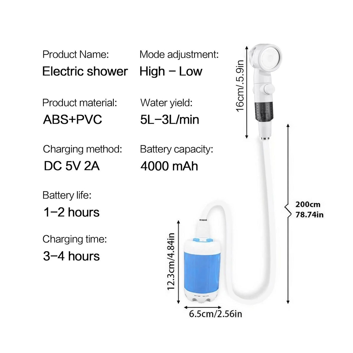 Outdoor Shower Handheld Rechargeable Gentle Shower Stream Portable Bath Sprayer for Pets Dogs Cats Car Washing Flower Watering Garden Cleaning Outdoor Use with Compact Water Pump Great for Outdoor Cleaning and Plant Watering