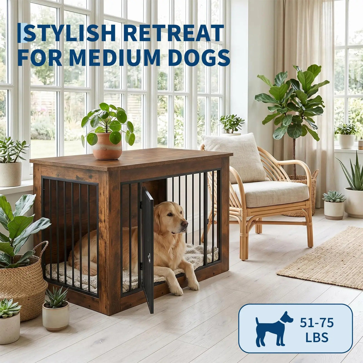 Furniture Style Dog Crate End Table Wooden Kennel For Dogs Brown 38.2 X 24 X 26.8 Inch Chew Resistant Build 2 Doors With Safety Latch Adjustable Legs Good Ventilation Fits Medium Dogs 51 To 75 Lbs