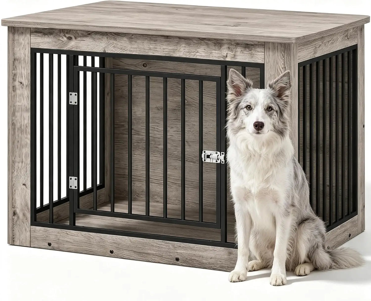 Furniture Style Dog Crate End Table Wooden Kennel For Dogs Brown 38.2 X 24 X 26.8 Inch Chew Resistant Build 2 Doors With Safety Latch Adjustable Legs Good Ventilation Fits Medium Dogs 51 To 75 Lbs