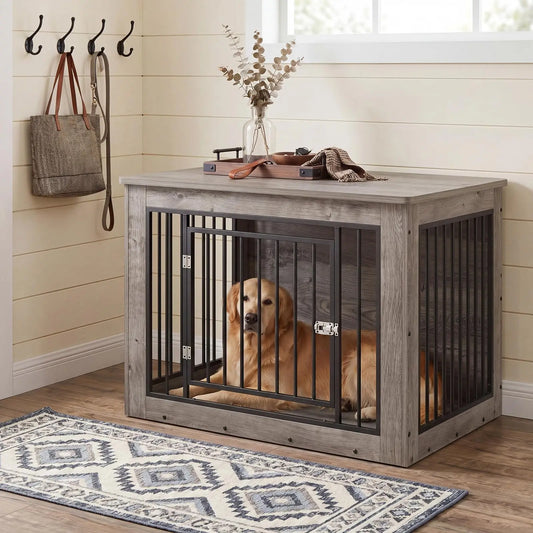 Furniture Style Dog Crate End Table Wooden Kennel For Dogs Brown 38.2 X 24 X 26.8 Inch Chew Resistant Build 2 Doors With Safety Latch Adjustable Legs Good Ventilation Fits Medium Dogs 51 To 75 Lbs