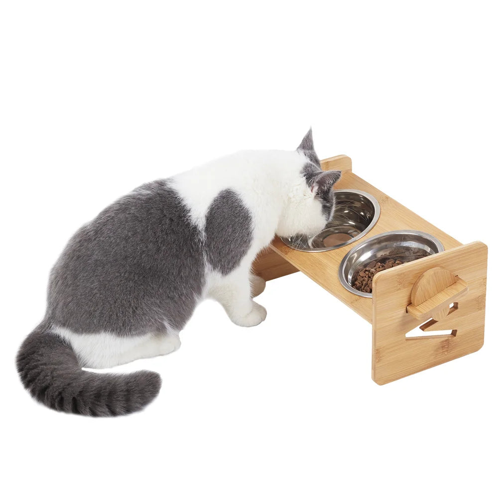 Elevated Dog Bowls with Stand Raised Dog Bowls 4 Heights Adjustable Dog Bowls Bamboo Dog Feeding Station 2 Stainless Steel Bowls
