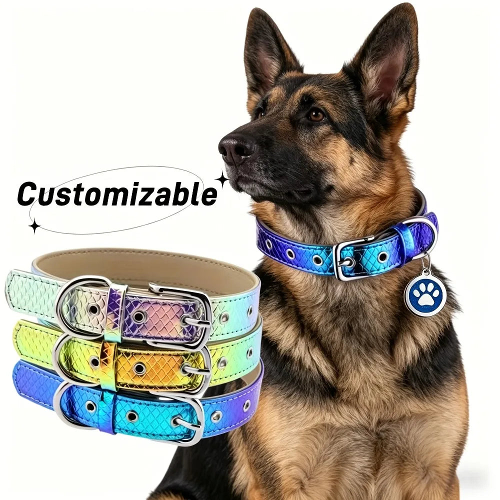 Personalized Reflective Rainbow Leather Choker Collar Customizable Collars With Name Gift For Dog Cat
