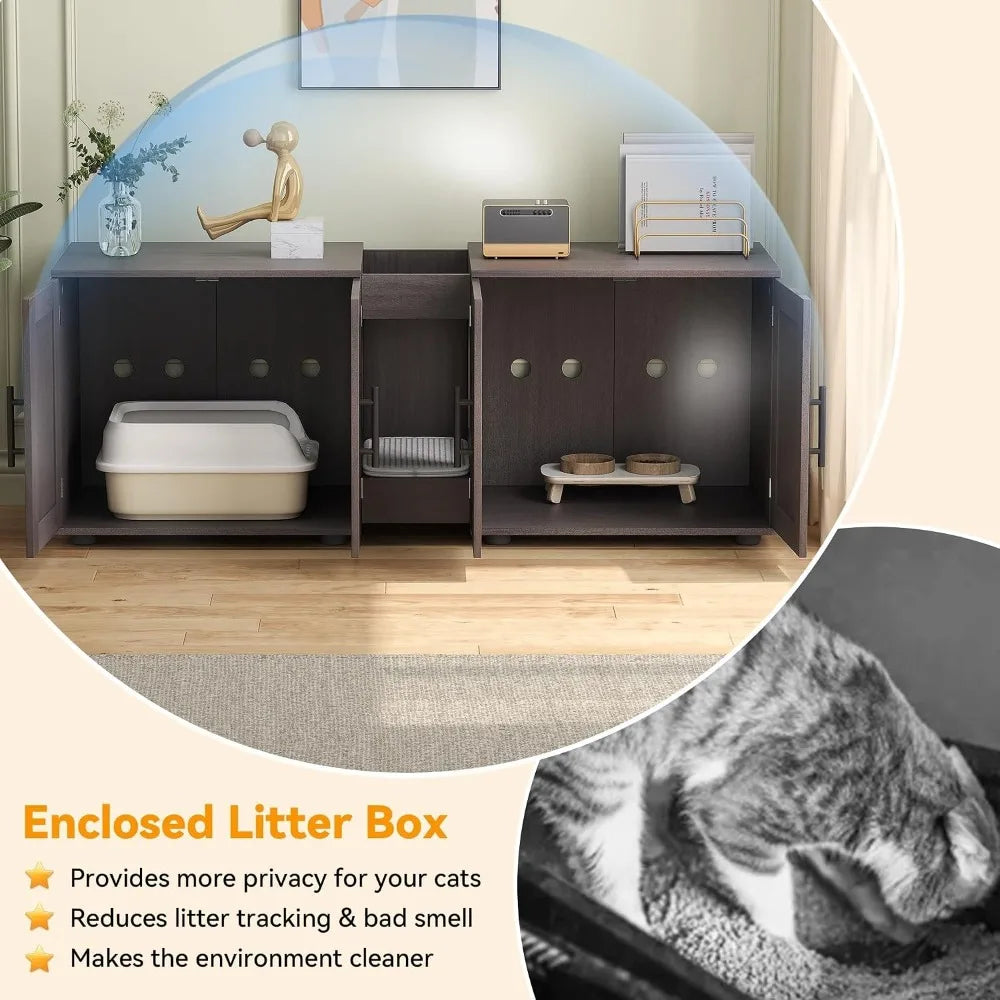 Garvee Hidden Litter Box Enclosure Furniture for 2 Cats Wooden Enclosed Storage Organizer Cat Litter Box Furniture Hidden Washroom Cat House Cat