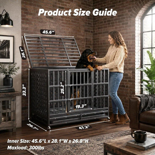 48 Inch Heavy Duty Steel Indestructible Dog Crate,Indoor Double Door Escape Proof Kennel For High Anxiety Large Dogs, Custom