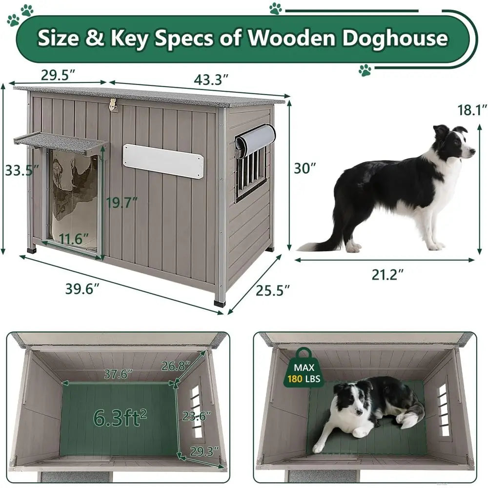 43.3" L Large Outdoor Dog House Weatherproo Doghouse or Medium to Large Dogs with Anti Bits Wooden Dog Kennel with Window,8 Elev