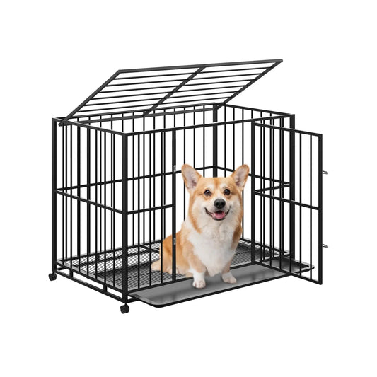 36 Inch Heavy Duty Stainless Steel Dog Crate Escape Proof Stackable Indoor Kennel with Double Locking Doors Removable Tray Openable Top and Lockable Wheels for Small Dogs