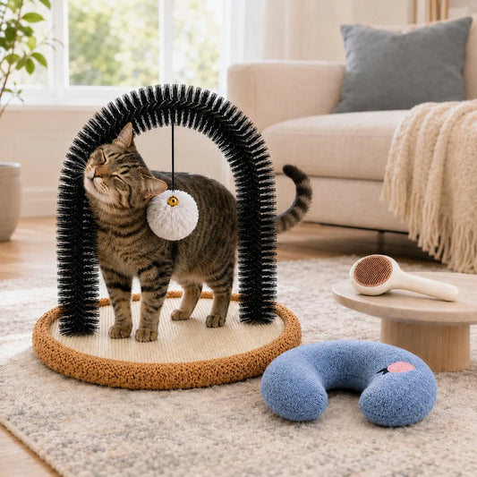 Zoe Cat Self Groomer Arch With Reversible Sisal Scratching Base Hanging Ball Grooming Brush And Plush Cat Pillow Indoor Cat Rubbing Scratching Grooming Play And Rest Station